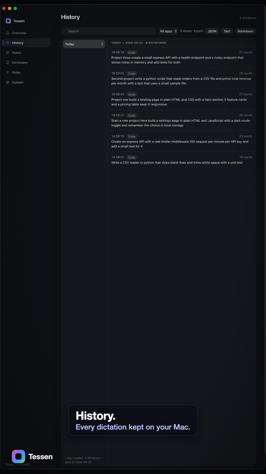 The Tessen Hub History tab listing the day's dictations, each with its time, the app it was dictated into, and its word count, with search and export.